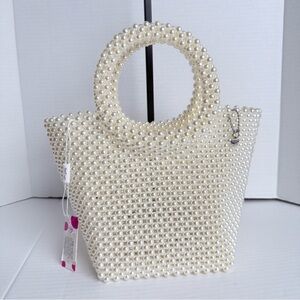 Bari Lynn Faux Pearl Beaded Bucket Bag Round Handle -  Ivory